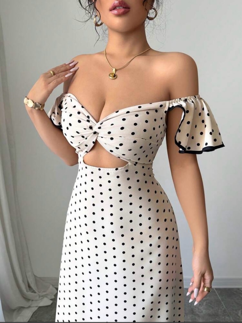 SHEIN Cream Polka Dot One-Shoulder Cutout Maxi Dress